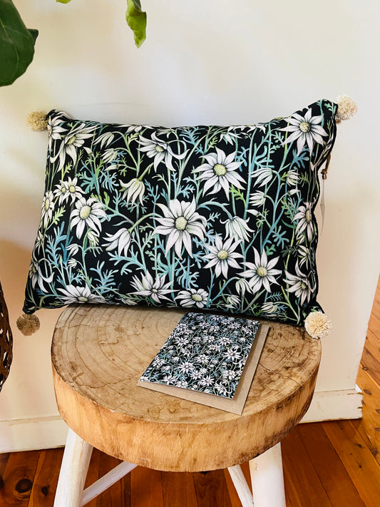 Flannel Flower Pom Pom Cushion on Black Small