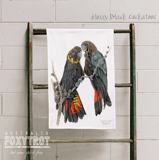 Glossy Black Cockatoos Tea Towel