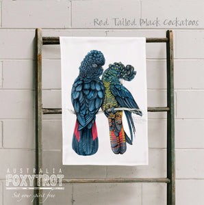 Red Tailed Black Cockatoos Tea Towel
