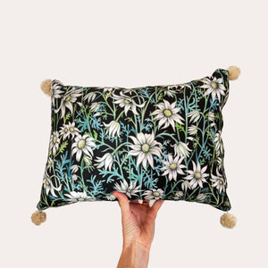 Flannel Flower Pom Pom Cushion on Black Small
