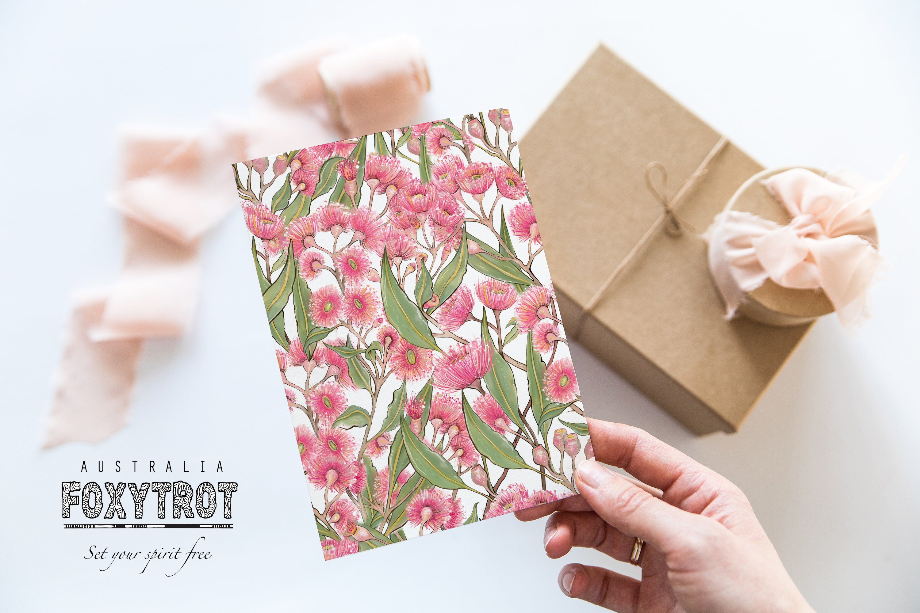 Pink Flowering Gum Pattern - WHITE BACKGROUND Card